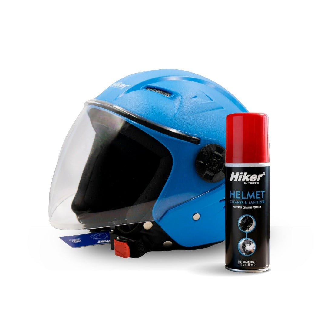 Hiker Nebula Natural Sky Blue Half Face Helmet with Helmet Cleaner & Sanitizer Combo - HLMT-NBLU-NBULA5 & CARC-UNIV-HCLN