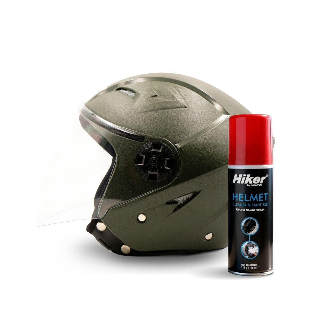 Hiker Nebula Natural Military Green Half Face Helmet with Helmet Cleaner & Sanitizer Combo - HLMT-NGRN-NBULA9 & CARC-UNIV-HCLN