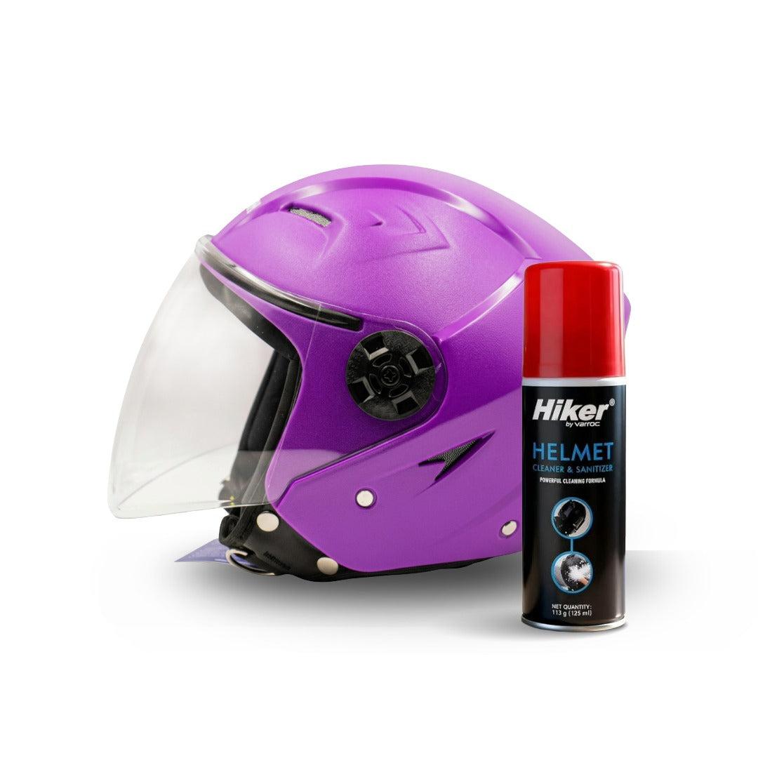Hiker Nebula Natural Purple Half Face Helmet with Helmet Cleaner & Sanitizer Combo - HLMT-NPUR-NBULA7 & CARC-UNIV-HCLN