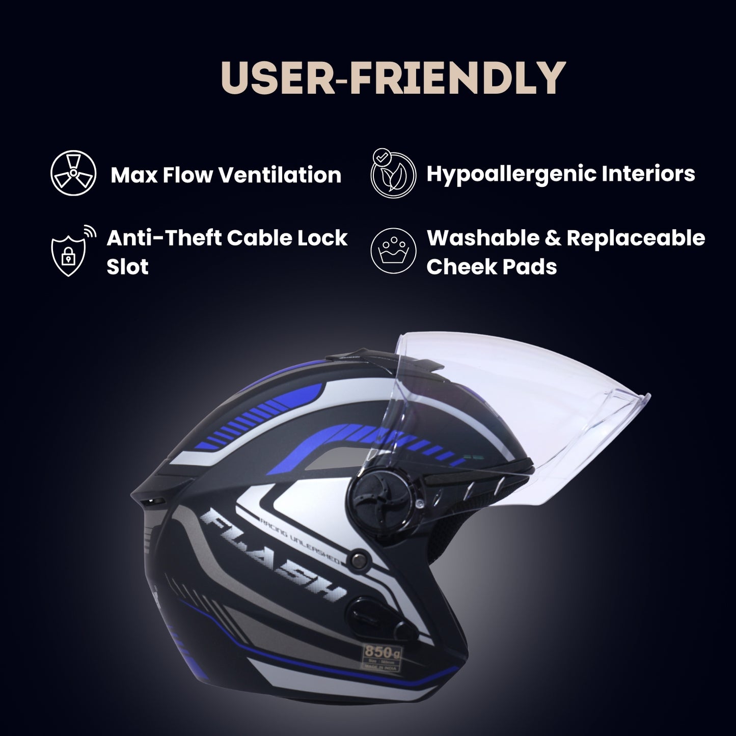 FLASH PRO MAX Half Face Helmet -Matt Black Blue