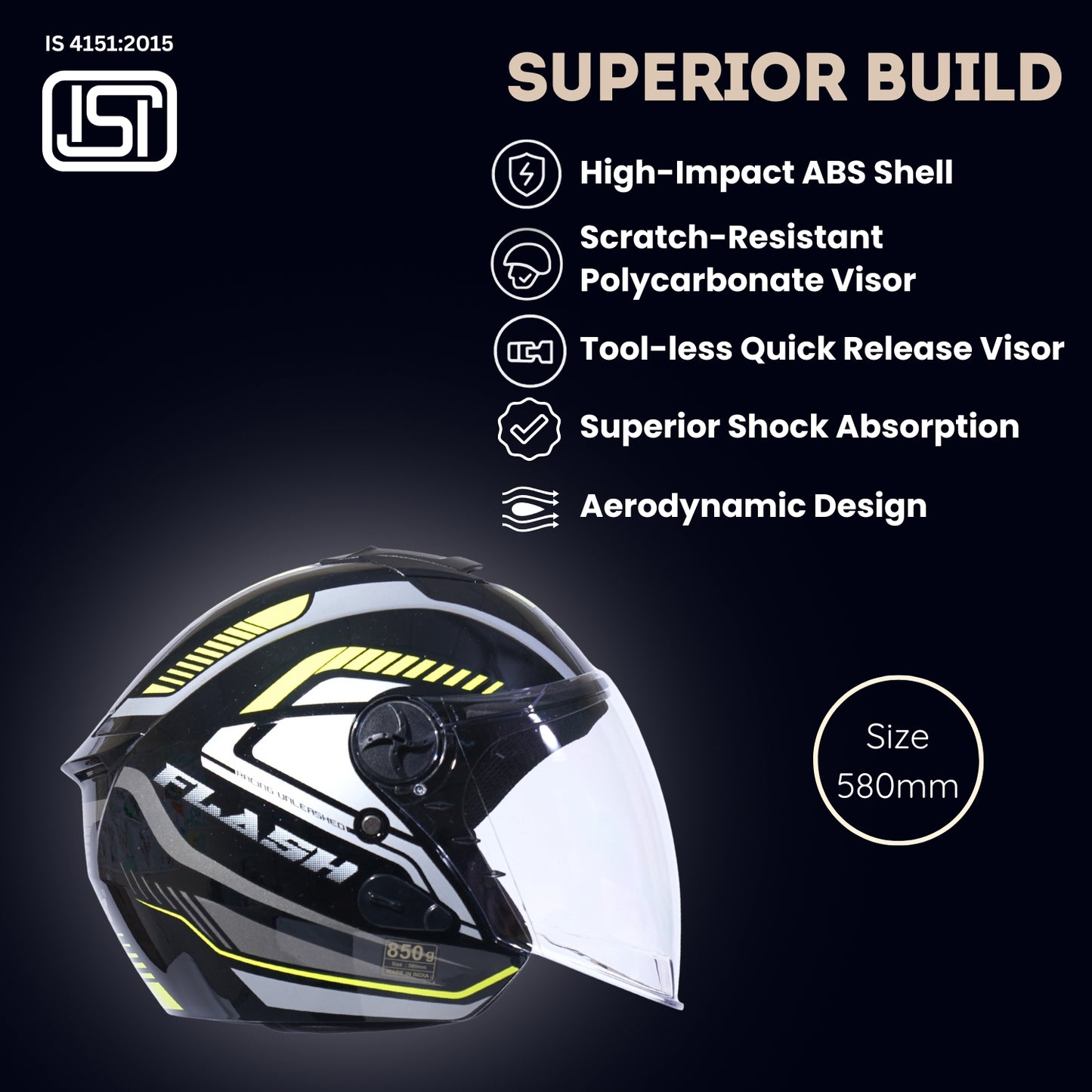 FLASH PRO MAX Half Face Helmet -Gloss Black Yellow