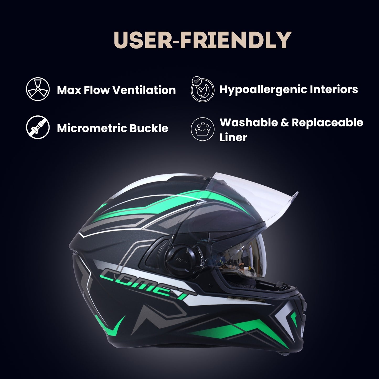 COMET PRO MAX Full Face Helmet-Matt Black Green