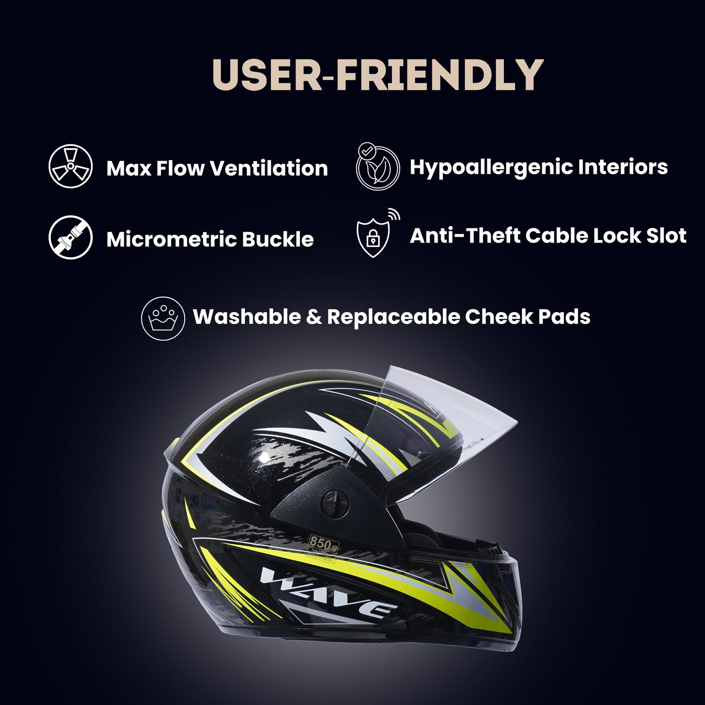 WAVE PRO MAX Full Face Helmet-Gloss Black Yellow