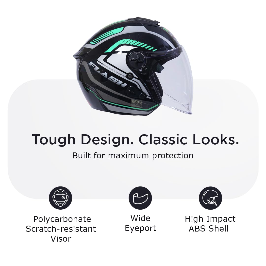 FLASH PRO MAX Half Face Helmet-Gloss Black Green -HLMT-BGRN-FPMX3G
