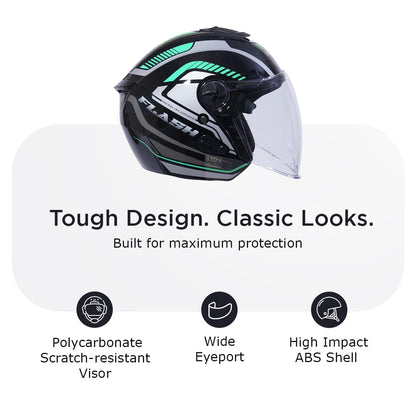 FLASH PRO MAX Half Face Helmet-Gloss Black Green -HLMT-BGRN-FPMX3G