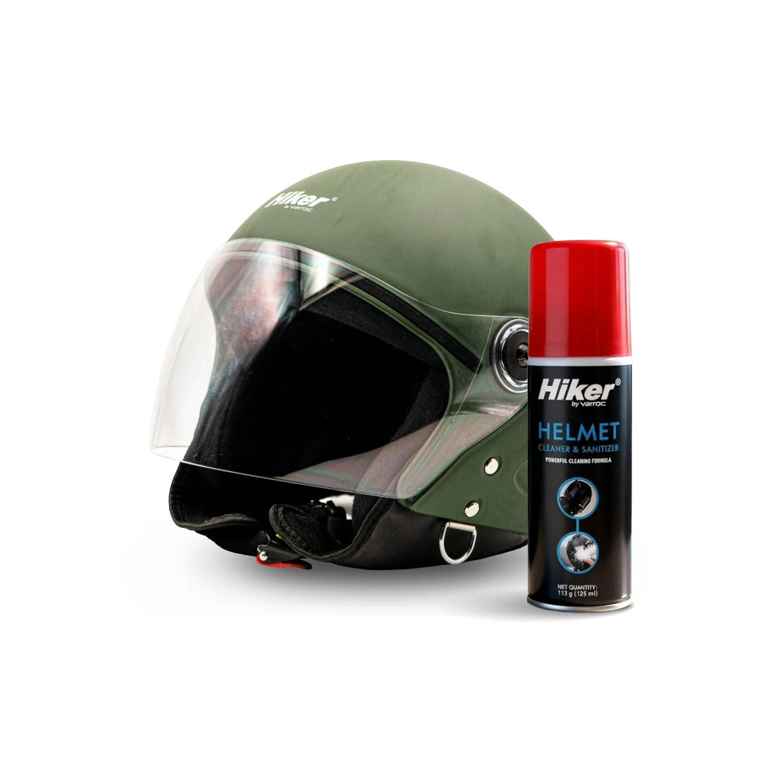 Hiker Lyra Pro Green Half Face Helmet with Helmet Cleaner & Sanitizer Combo - HLMT-GGRN-LPRO7 & CARC-UNIV-HCLN