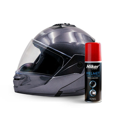 Hiker Pluto Pro Grey Flip Up Helmet with Helmet Cleaner & Sanitizer Combo - HLMT-GGRY-PPRO6 & CARC-UNIV-HCLN