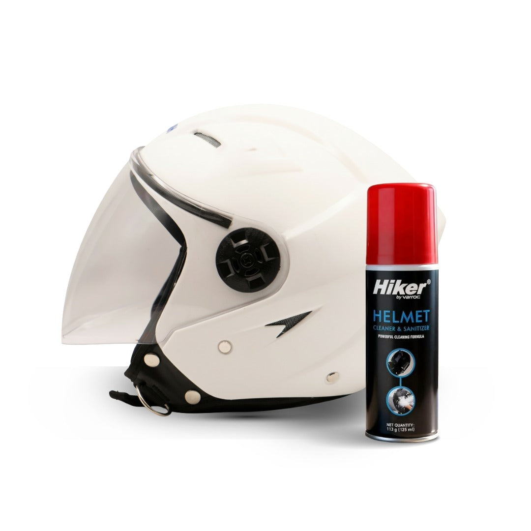 Hiker Nebula Natural White Half Face Helmet with Helmet Cleaner & Sanitizer Combo - HLMT-NWHT-NBULA4 & CARC-UNIV-HCLN