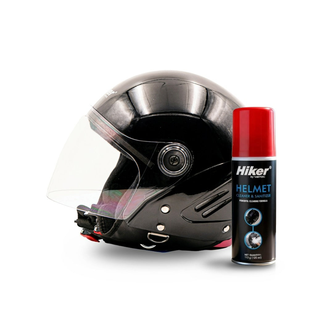 Hiker Lyra Pro Black Half Face Helmet with Helmet Cleaner & Sanitizer Combo - HLMT-GBLK-LPRO1 & CARC-UNIV-HCLN